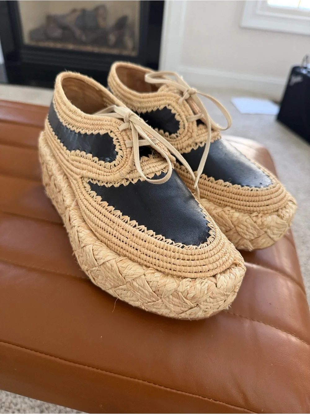 Robert Clergerie Black and Natural Raffia Lace-Up Platform Espadrilles.